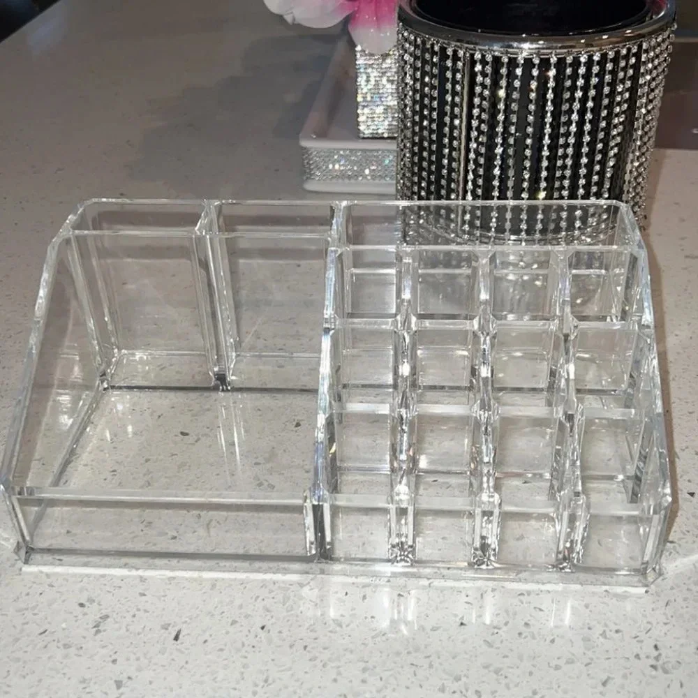 Makeup organizer acrylic clear hard cosmetic skincare organization desk tray